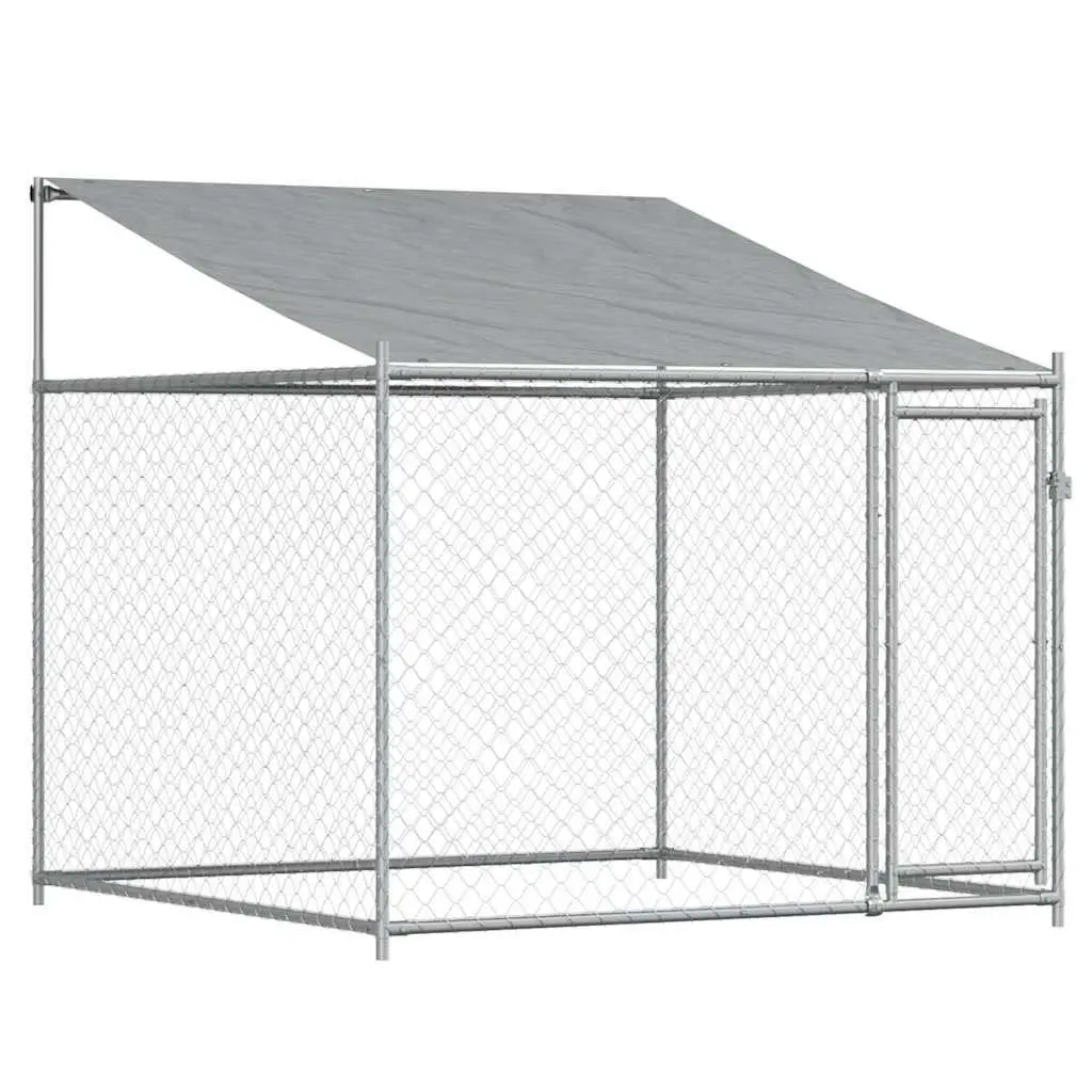 Dog Kennel Grey Outdoor Galvanised Steel with Roof and Lockable Door