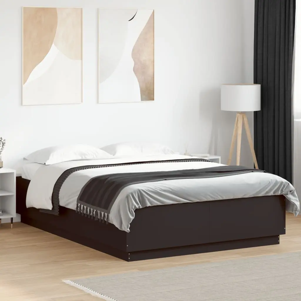 Black Bed Frame with RGB LED Lights Slatted Base 150x200 cm Platform Bedroom