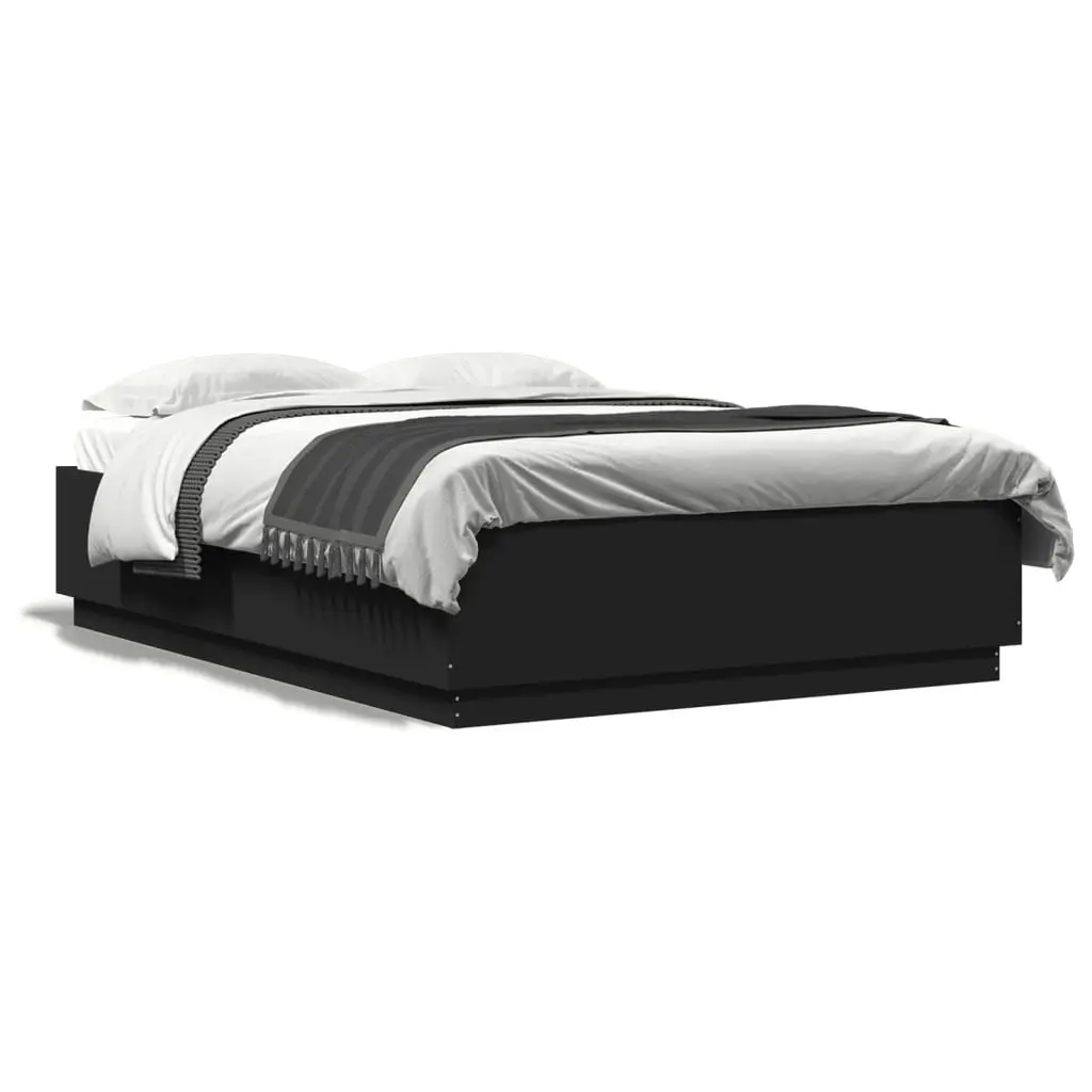 Black Bed Frame with RGB LED Lights Slatted Base 150x200 cm Platform Bedroom