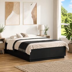Black Bed Frame with RGB LED Lights, Strong Slatted Base