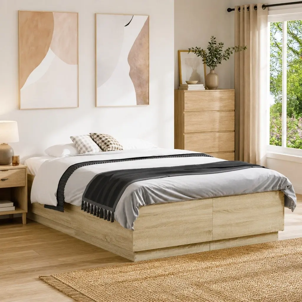 Bed Frame Brown 135x190 cm Engineered Wood Modern Slatted Base