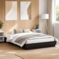 Black Bed Frame 150x200 cm Engineered Wood Slats Bedroom Furniture No Mattress