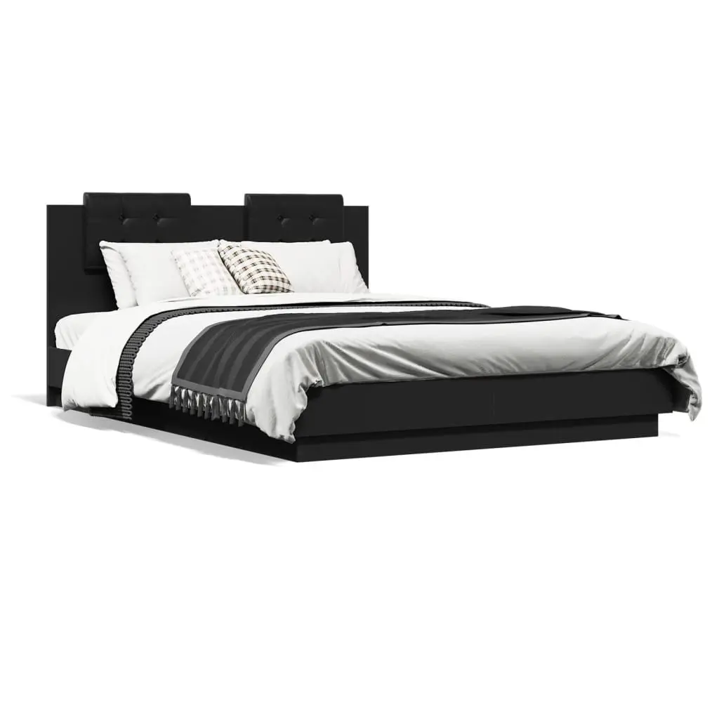 Bed Frame Black 150x200 cm Engineered Wood Plywood Slats Headboard