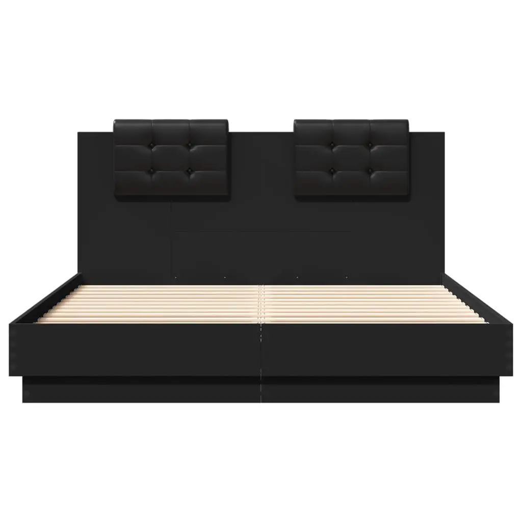 Bed Frame Black 150x200 cm Engineered Wood Plywood Slats Headboard