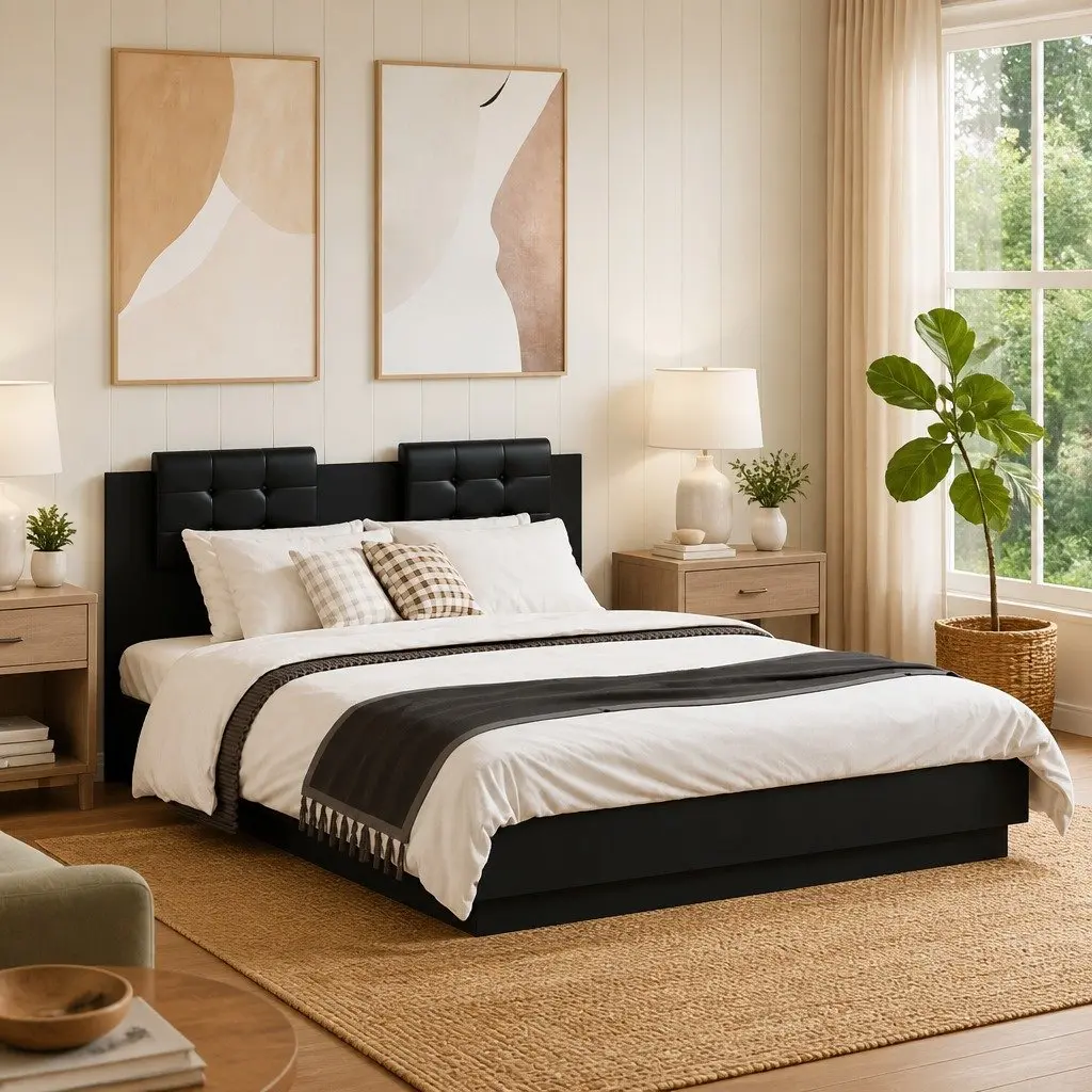 Bed Frame Black 135x190 cm Engineered Wood Plywood Slats Headboard