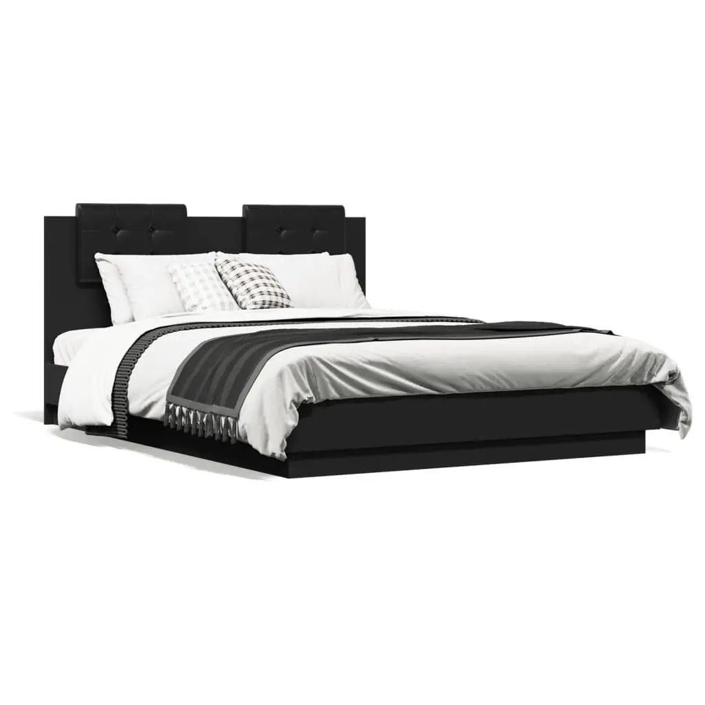 Bed Frame Black 135x190 cm Engineered Wood Plywood Slats Headboard