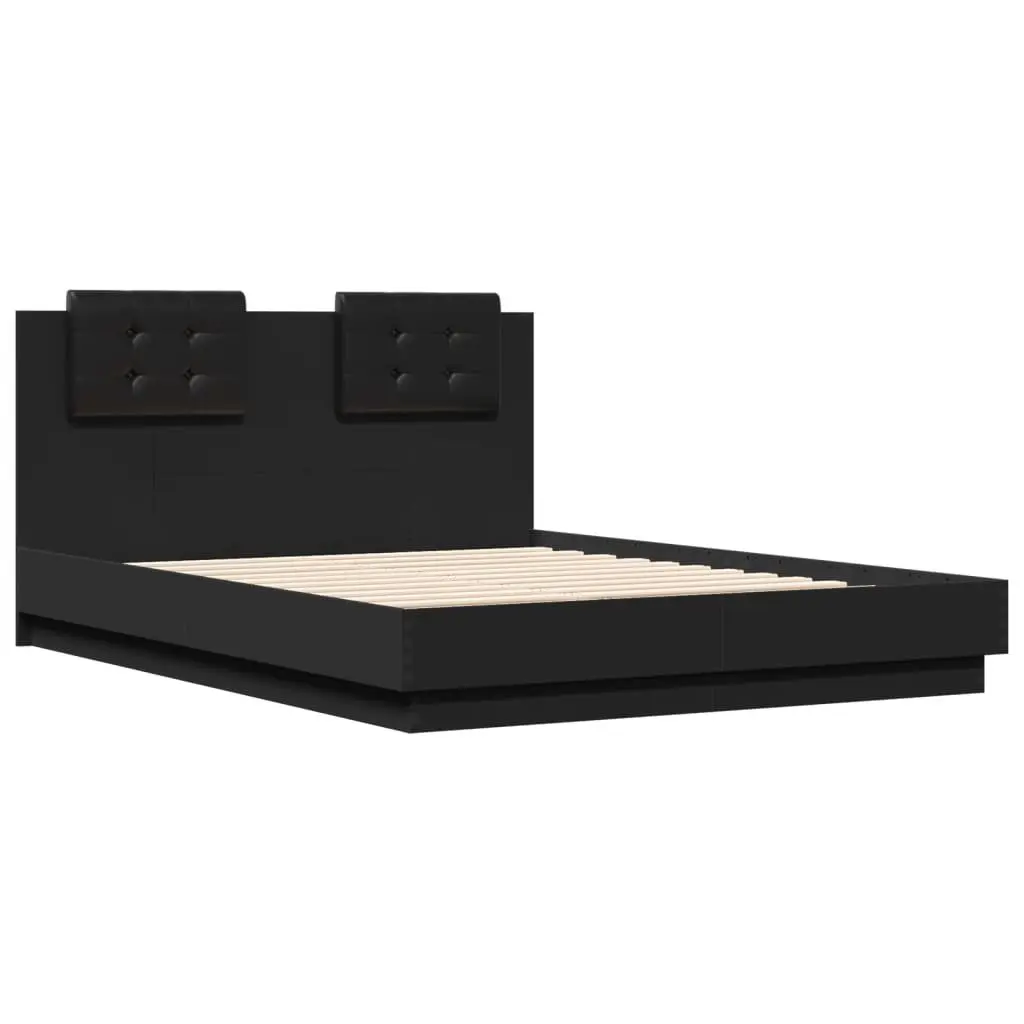 Bed Frame Black 135x190 cm Engineered Wood Plywood Slats Headboard