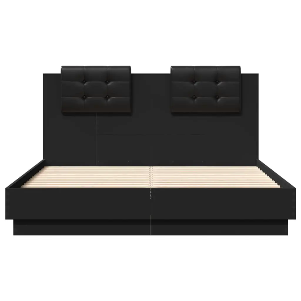 Bed Frame Black 135x190 cm Engineered Wood Plywood Slats Headboard