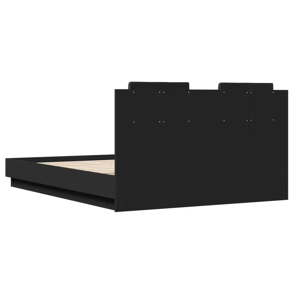 Bed Frame Black 135x190 cm Engineered Wood Plywood Slats Headboard