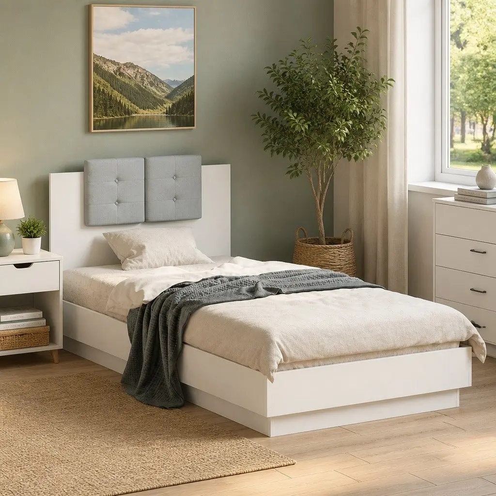Bed Frame White 90x190 cm with Headboard Engineered Wood Slatted Base