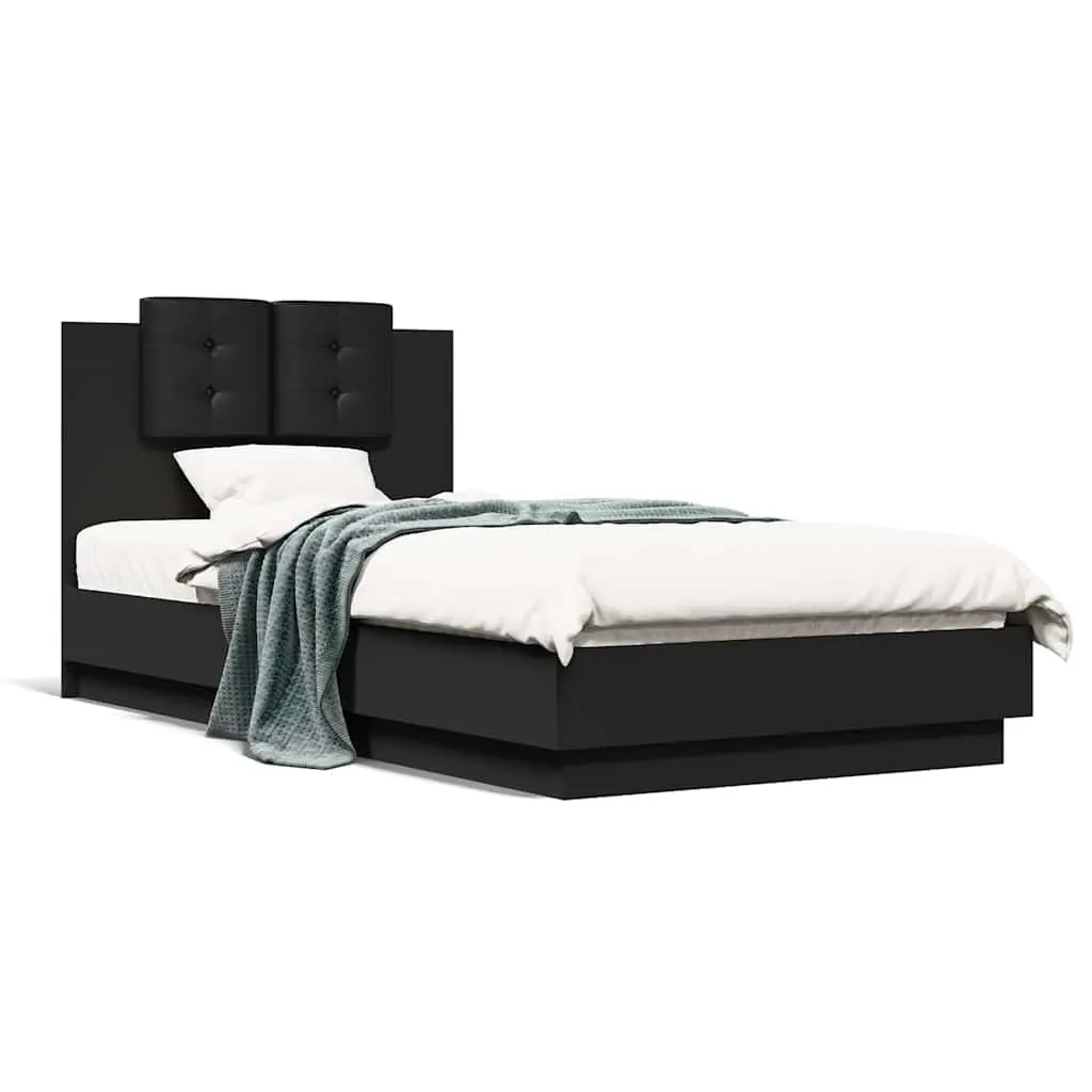 Bed Frame Black 90x190 cm Engineered Wood Slatted Base Padded Headboard
