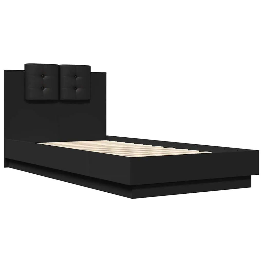 Bed Frame Black 90x190 cm Engineered Wood Slatted Base Padded Headboard