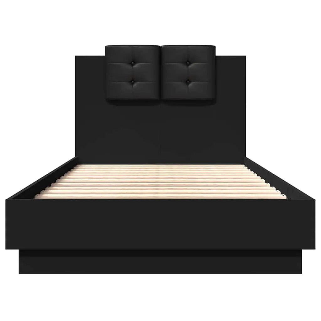 Bed Frame Black 90x190 cm Engineered Wood Slatted Base Padded Headboard