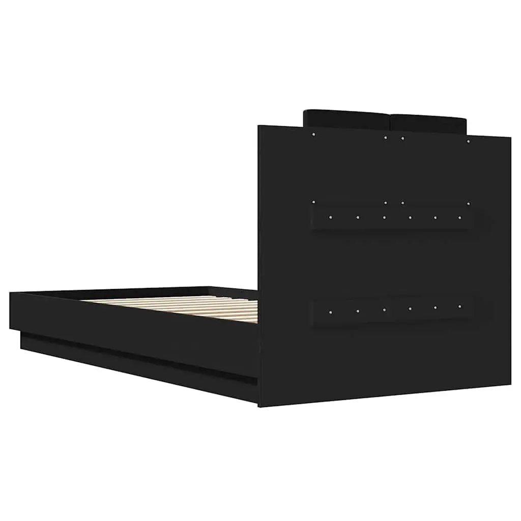Bed Frame Black 90x190 cm Engineered Wood Slatted Base Padded Headboard