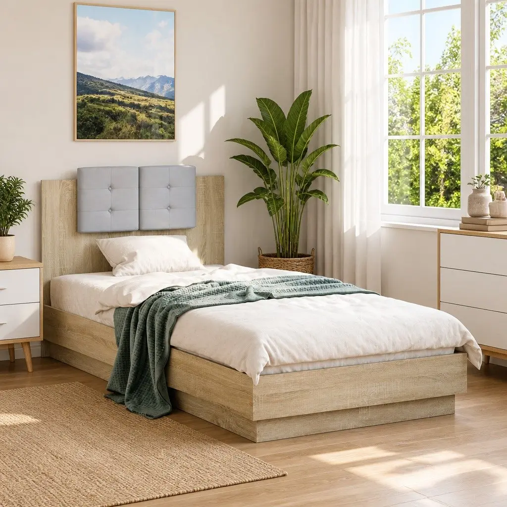 Bed Frame Sonoma Oak 90x190 cm Engineered Wood Slatted Base Padded Headboard