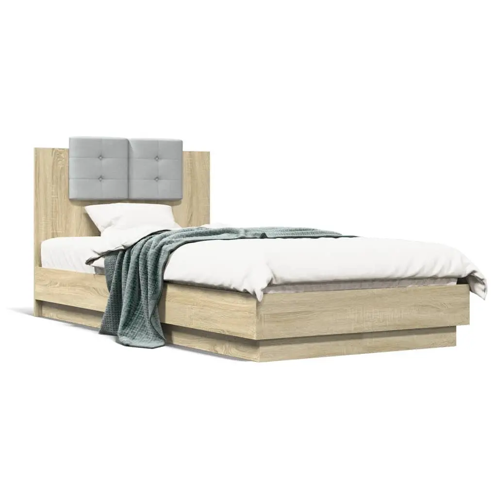 Bed Frame Sonoma Oak 90x190 cm Engineered Wood Slatted Base Padded Headboard