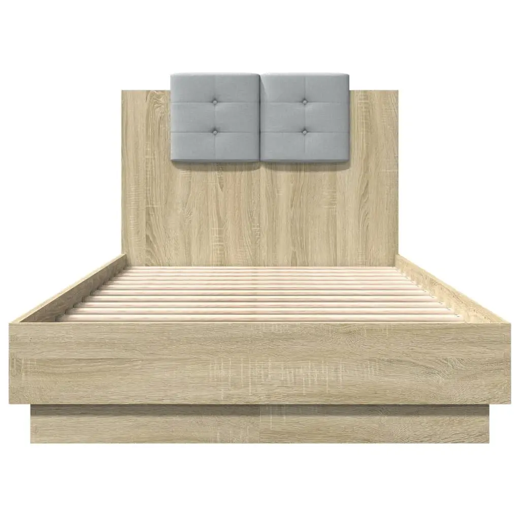 Bed Frame Sonoma Oak 90x190 cm Engineered Wood Slatted Base Padded Headboard