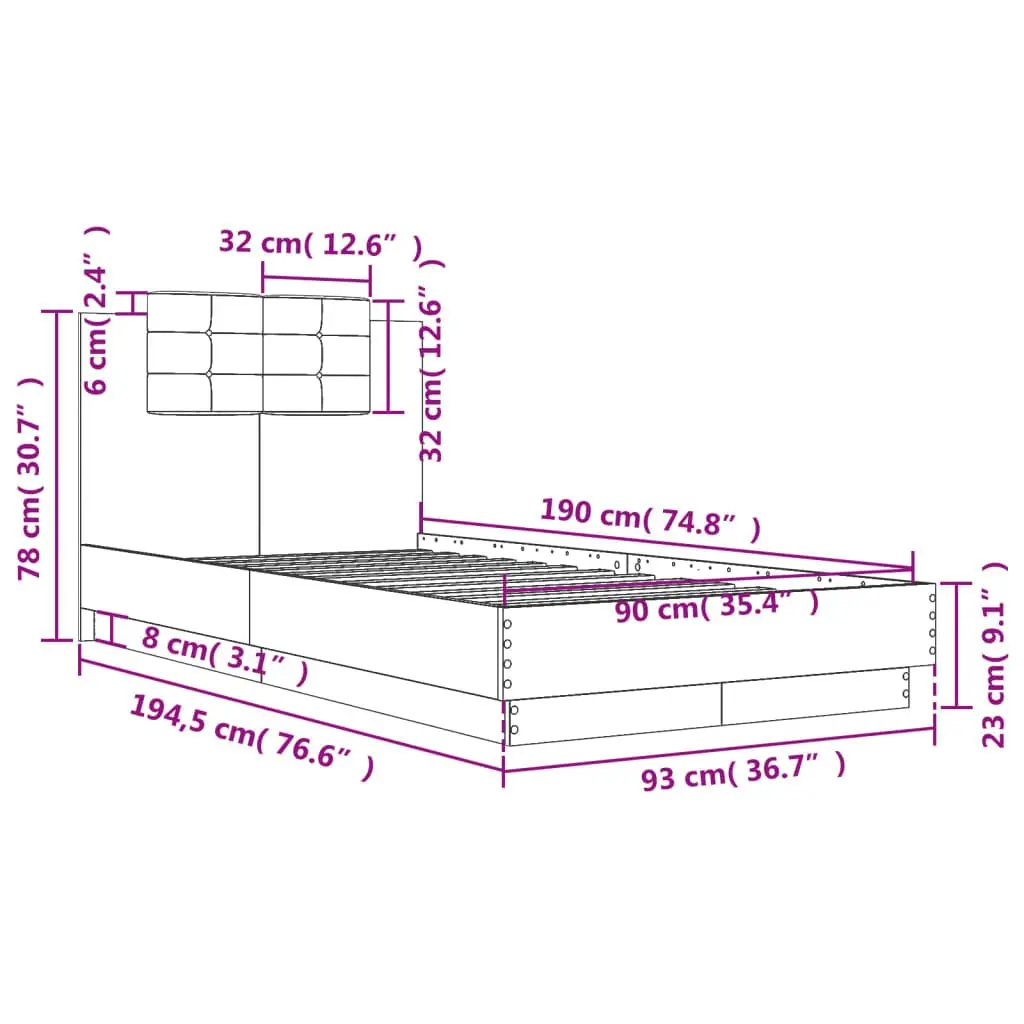 Bed Frame Sonoma Oak 90x190 cm Engineered Wood Slatted Base Padded Headboard