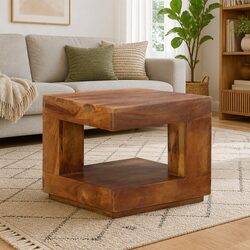 Coffee Table in Solid Acacia Wood with Storage Shelf