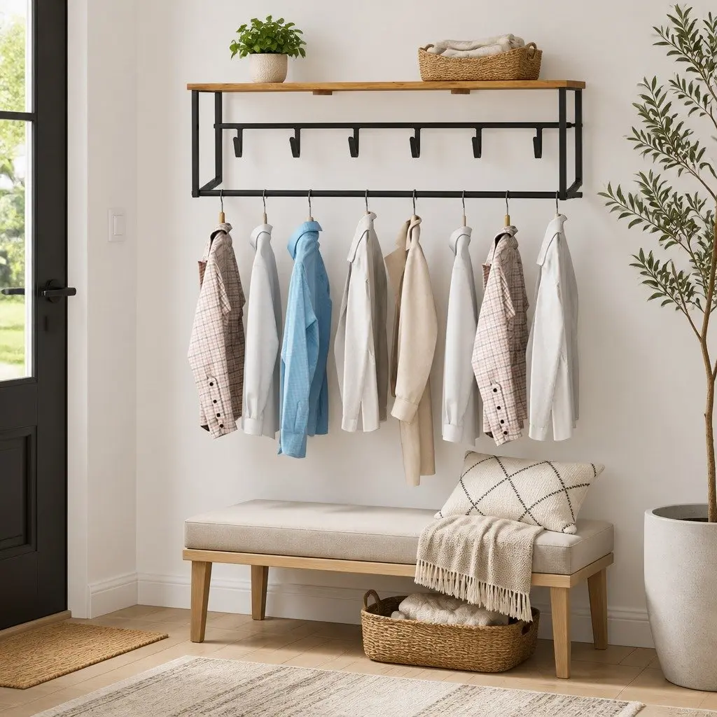 Wooden Peg Coat Rack Wall Mount Shelf Brown 6 Hooks Organizer
