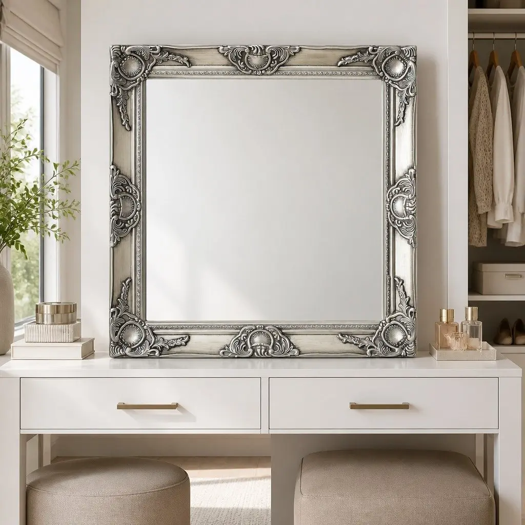 Baroque Style Silver Wall Mirror 60 x 60 cm
