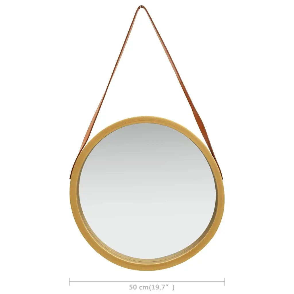 Round Wall Mirror 50cm Gold Frame Hanging Strap Bedroom Living Room Decor