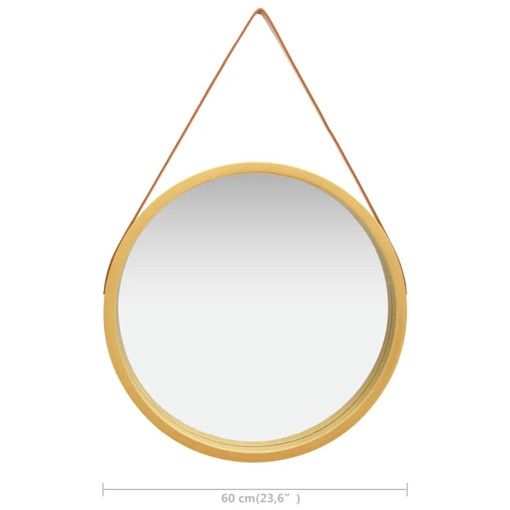 Round Wall Mirror 60cm Gold Frame Hanging Strap Bedroom Living Room Decor