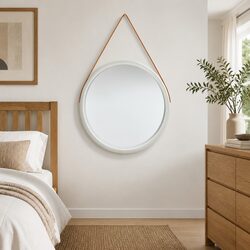 Round Wall Mirror 60cm Silver Frame Hanging Decor Bedroom Living Room Strap