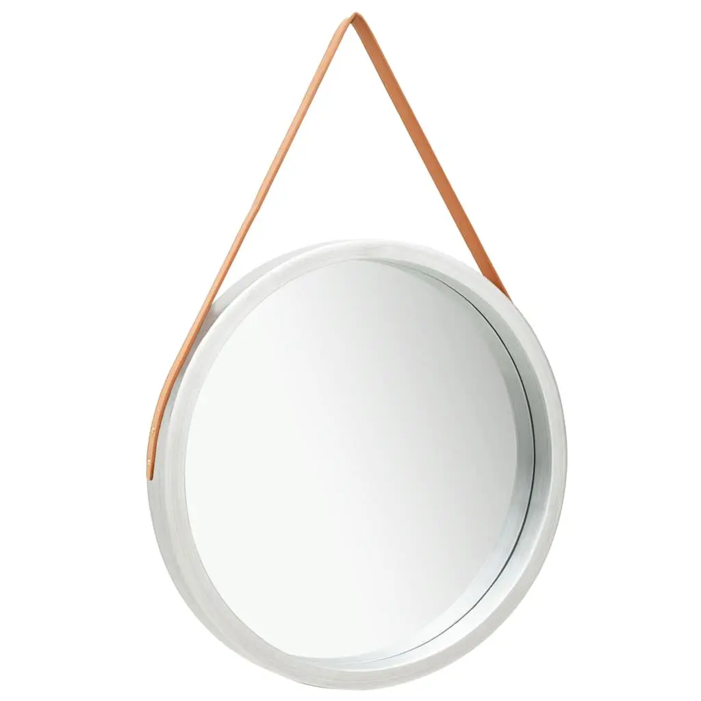Round Wall Mirror 60cm Silver Frame Hanging Decor Bedroom Living Room Strap