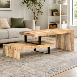 Compact Coffee Table Set: Solid Mango Wood with Shelf