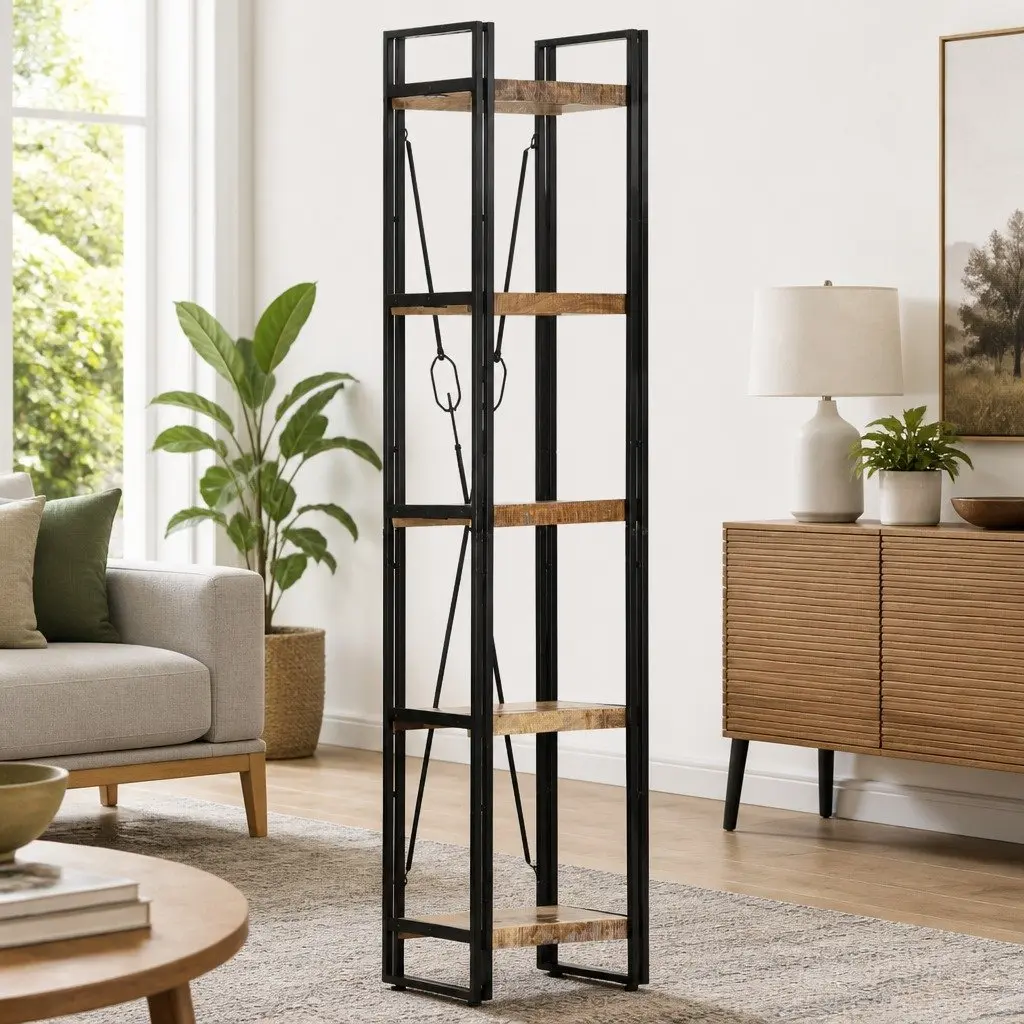 5-Tier Bookcase Brown 40x30x180 cm Solid Mango Wood Industrial Standing Shelf Storage