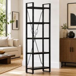Concise 5-Tier Black Industrial Bookcase
