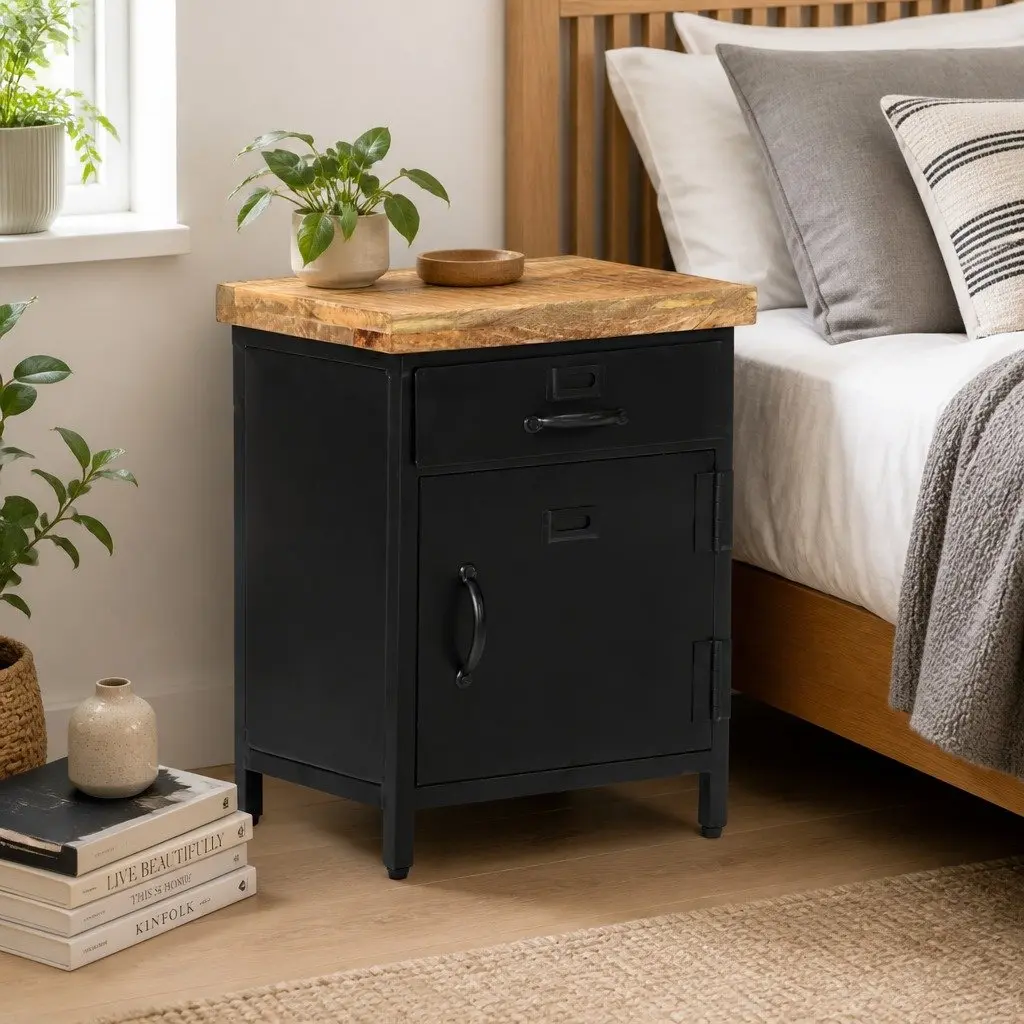 Bedside Cabinet Brown 40x30x52cm Solid Mango Wood Industrial Style Storage Drawer Door