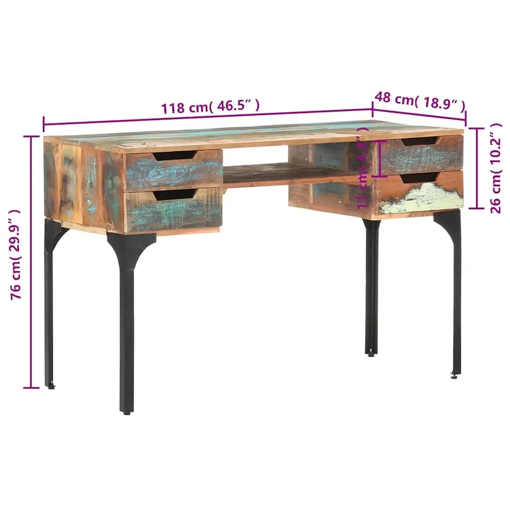 Reclaimed Wood Desk Multicolour 118x48x75 cm Office Writing Table with 4 Drawers and 1 Shelf