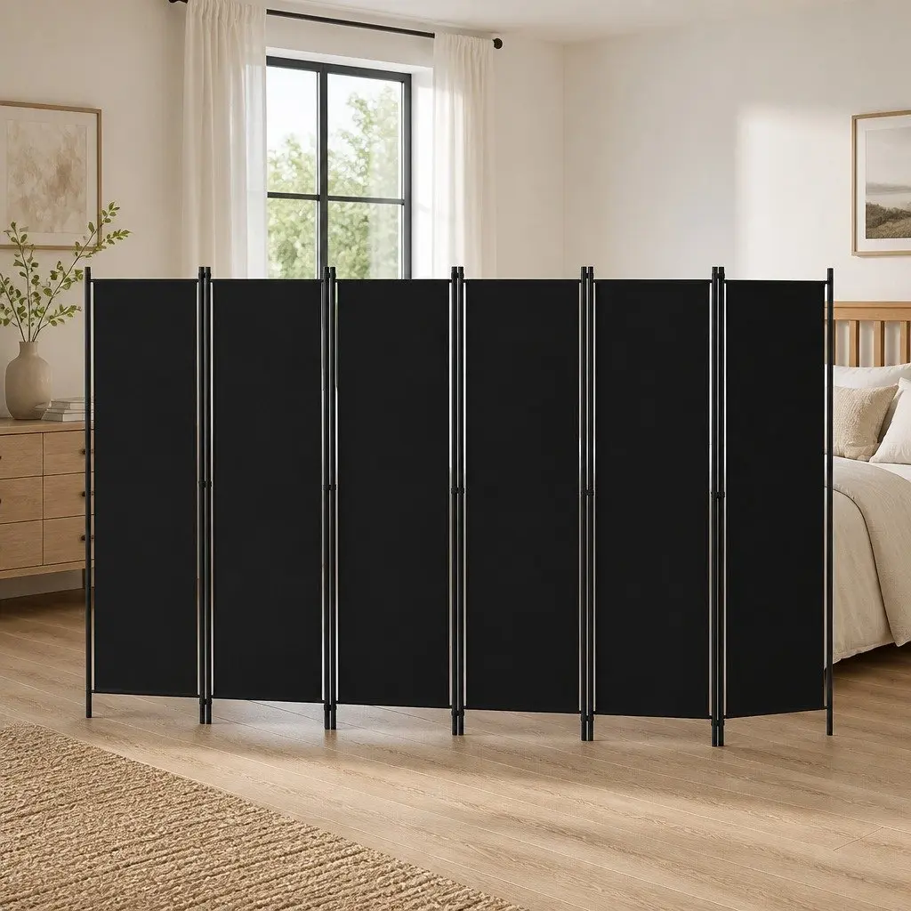 6-Panel Room Divider Black Freestanding Folding Privacy Screen