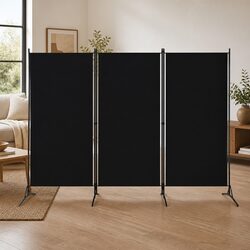 3-Panel Room Divider Black Folding Screen Fabric Partition Space Separator