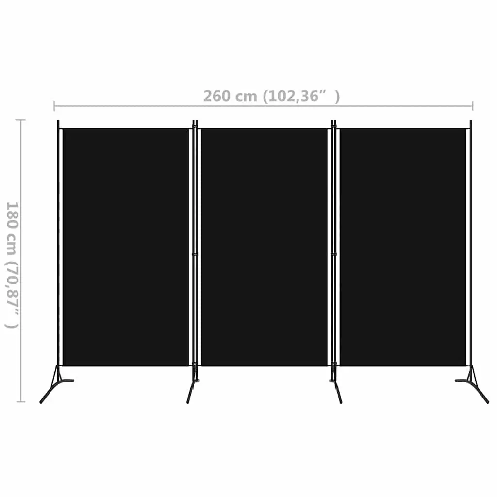 3-Panel Room Divider Black Folding Screen Fabric Partition