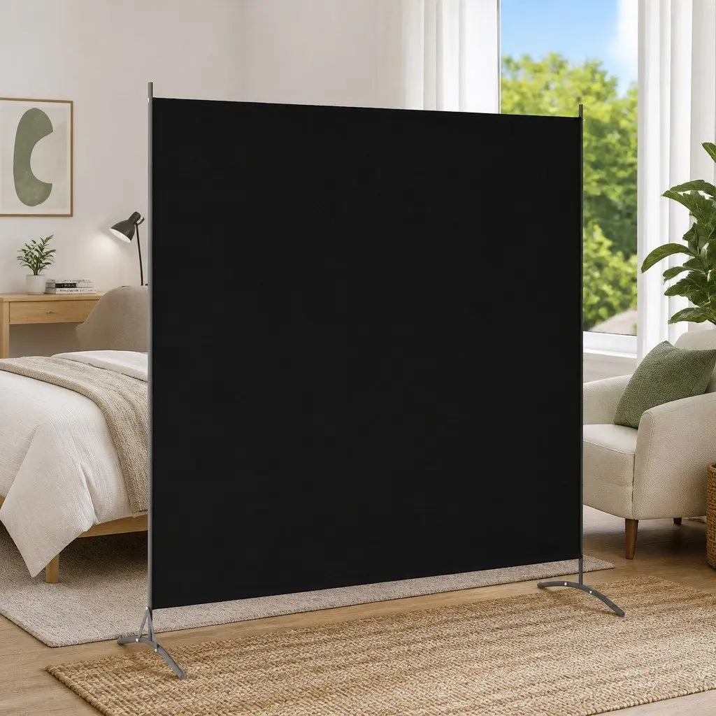 Portable Folding Screen Black Fabric Room Divider 175x180cm