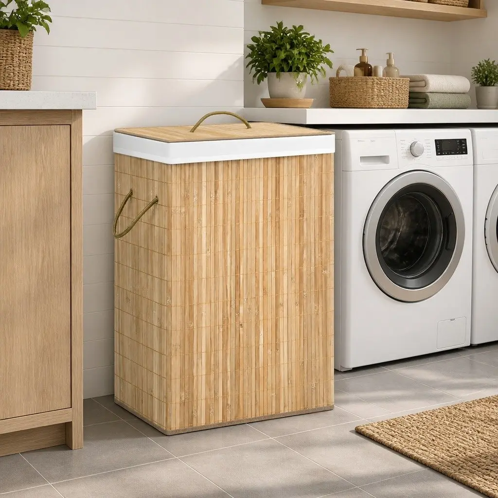 Bamboo Laundry Basket 72L with Two Sections