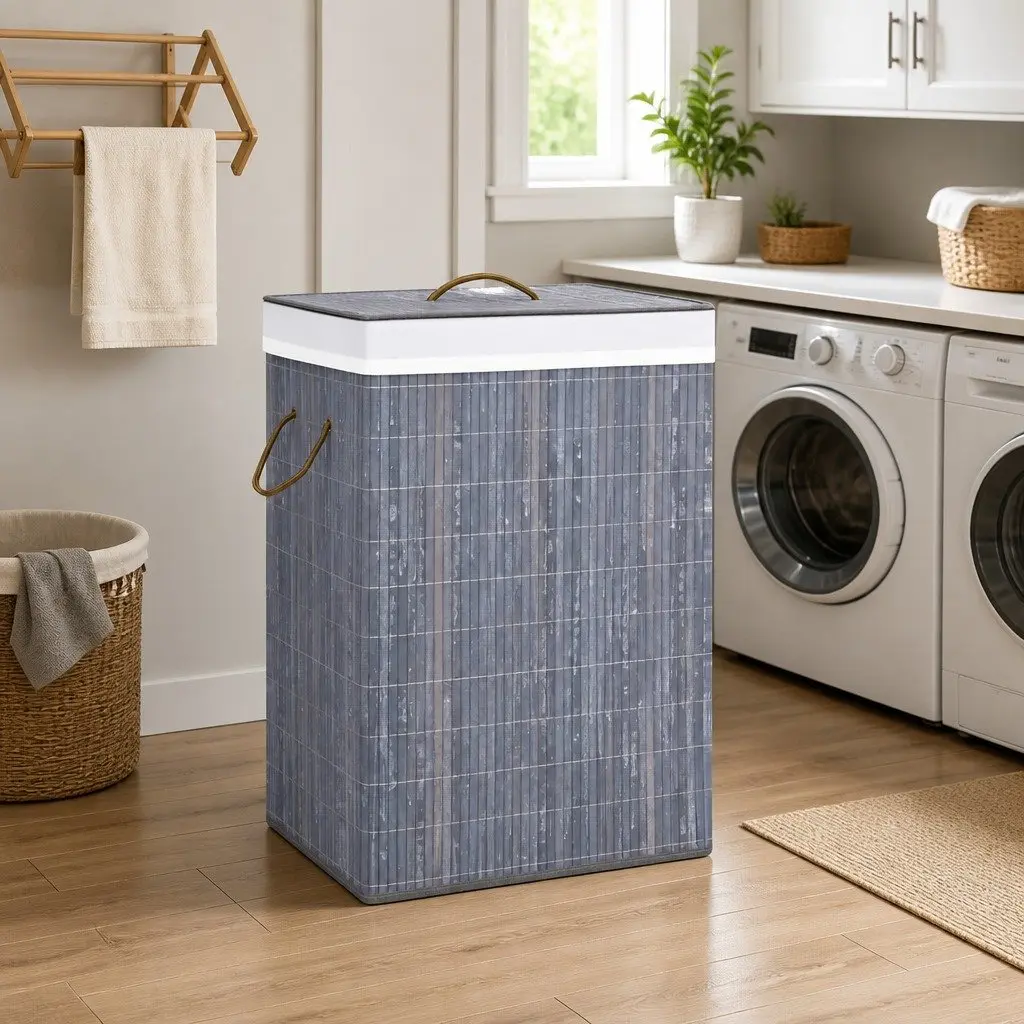 Grey Bamboo Laundry Basket with 72L Capacity