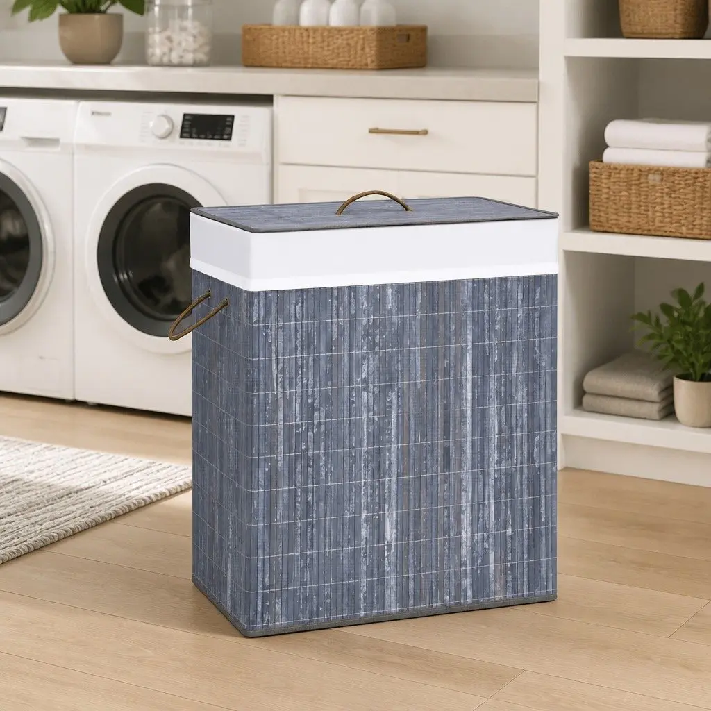 Bamboo Laundry Basket Grey 100L 2 Sections Removable Liner