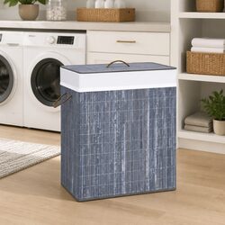 Bamboo Laundry Basket 2 Sections Grey 100L Household Storage Hamper Removable