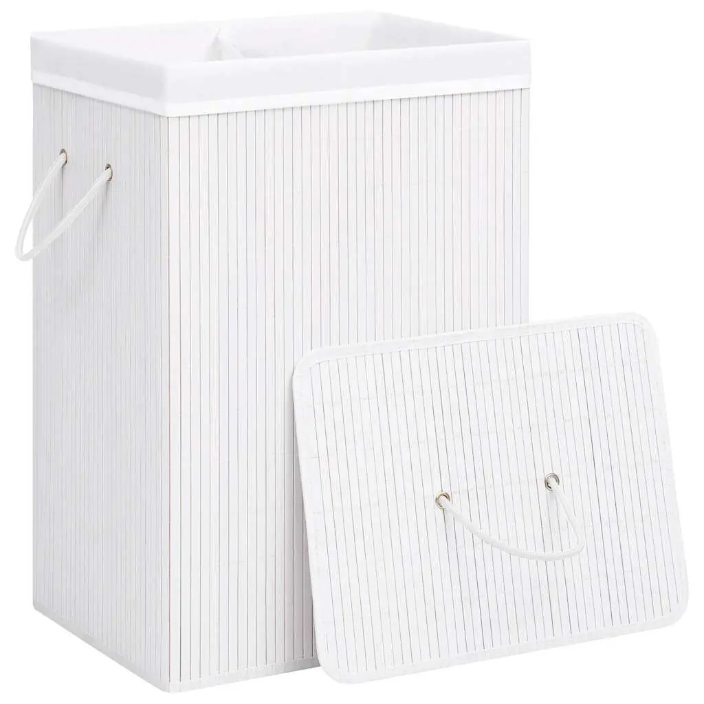 Bamboo Laundry Basket 2 Sections White Household Storage Hamper Removable Liner