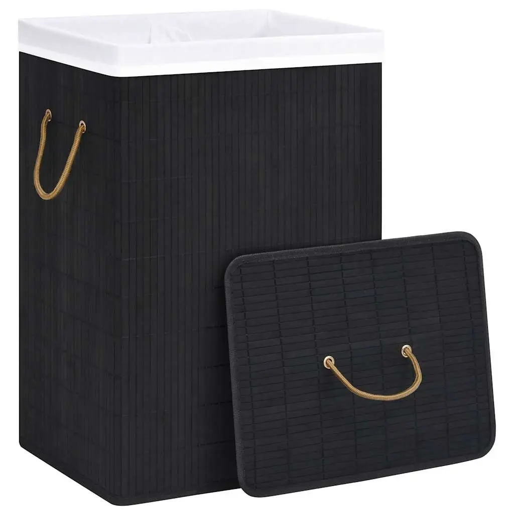 Bamboo Laundry Basket Black 72L 2 Sections Foldable Hamper with Liner Handles