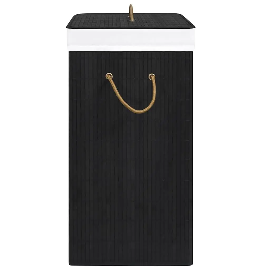 Bamboo Laundry Basket Black 72L 2 Sections Foldable Hamper with Liner Handles