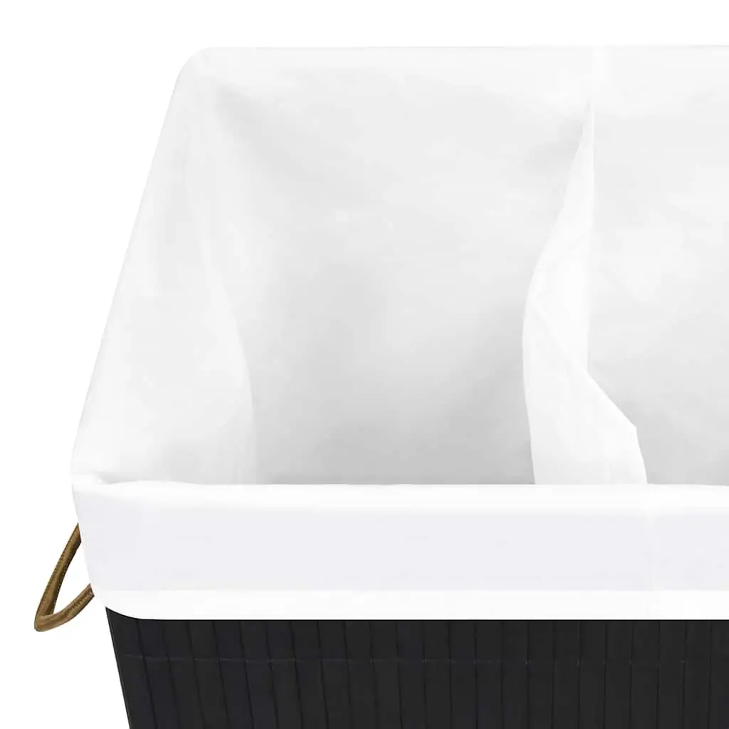Bamboo Laundry Basket Black 72L 2 Sections Foldable Hamper with Liner Handles