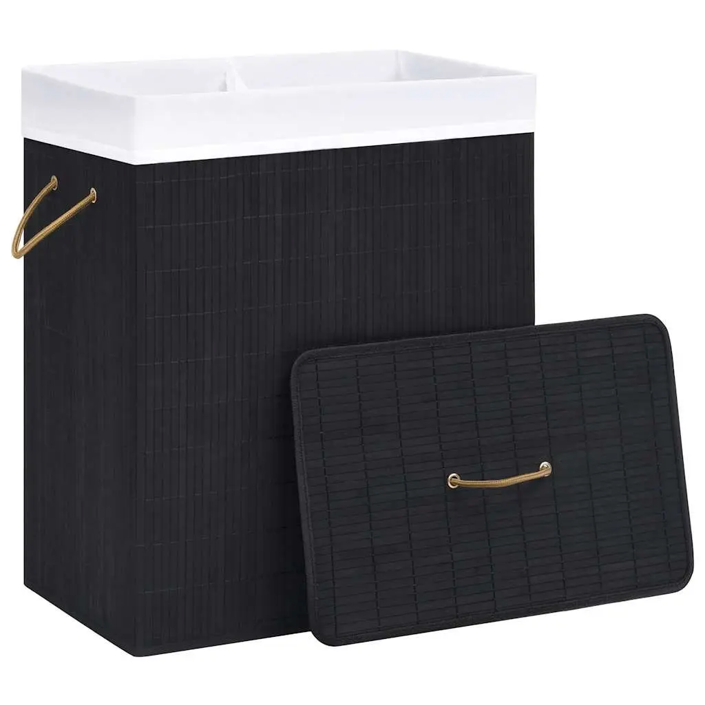 Bamboo Laundry Basket Black 2 Sections Removable Liner