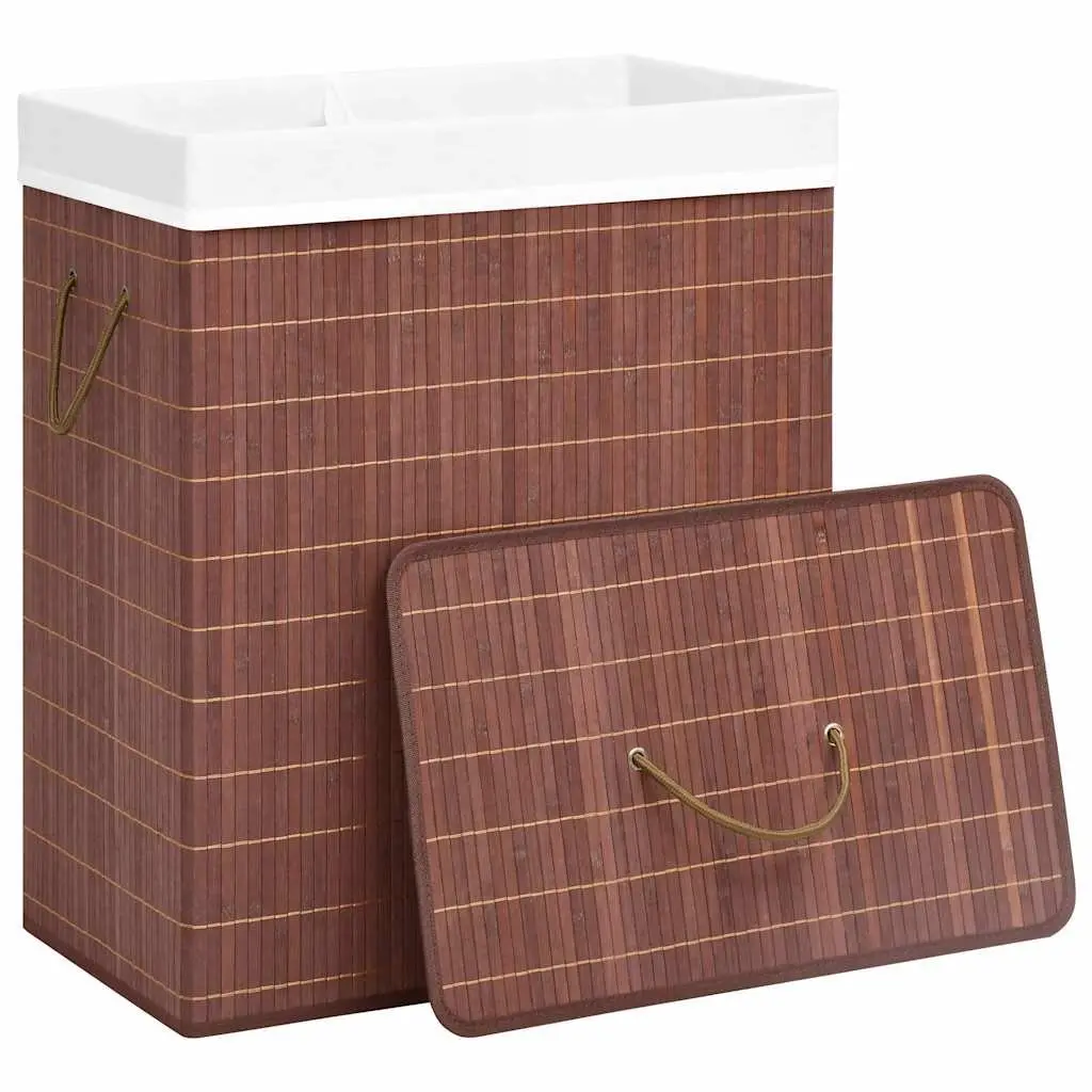 Bamboo Laundry Basket Brown 2 Sections Household Storage Organiser with Handles