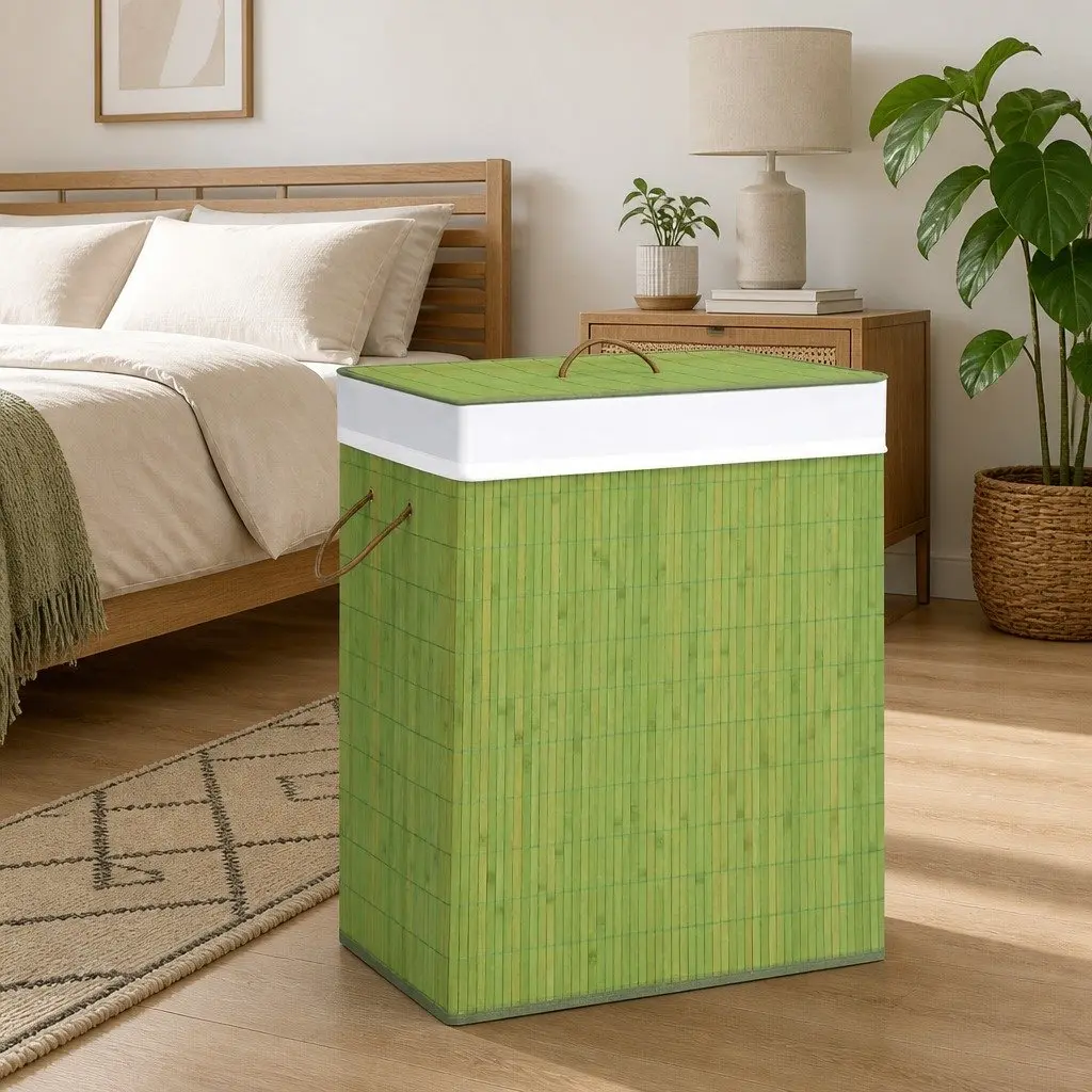 Bamboo Laundry Basket Green 2 Sections Removable Fabric Liner