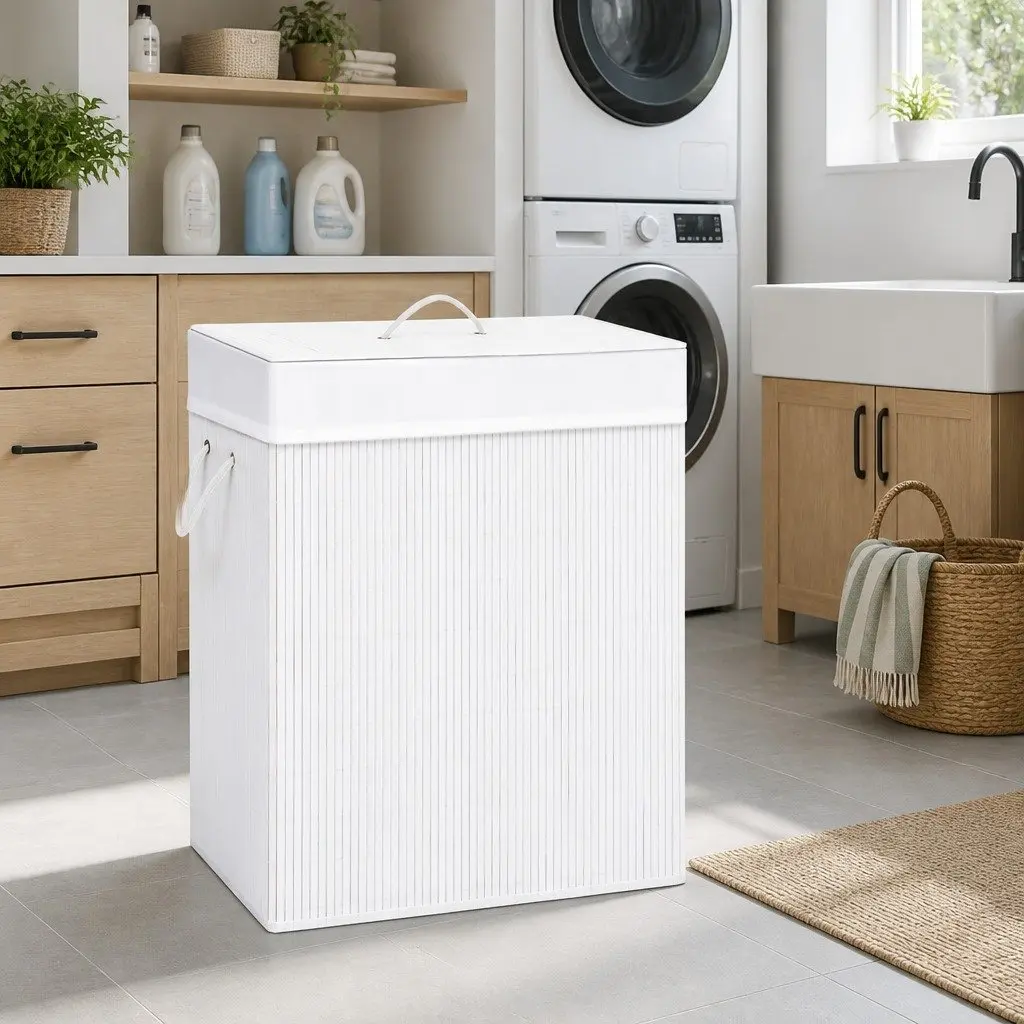 Bamboo Laundry Basket White 83L Single Section with Removable Liner and Dual Handles